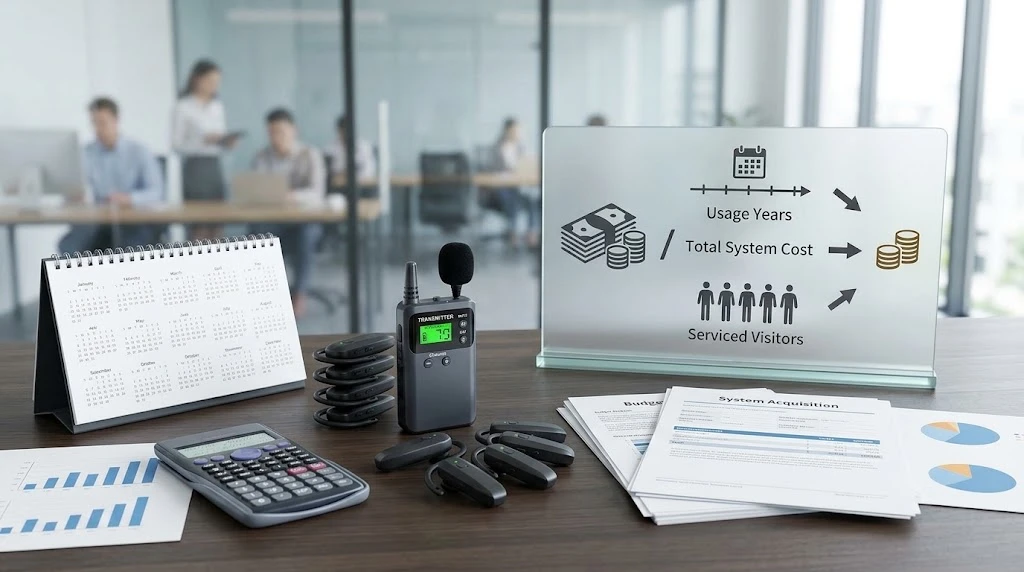 Calculating tour guide system cost per visitor over time Calculating tour guide system cost per visitor over time